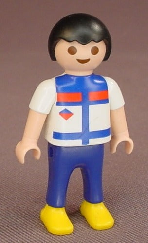 Playmobil Male Boy Child Figure In A White Shirt With Red & Blue Designs,  Blue Pants, 4146 5061