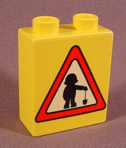 Lego Duplo 4066 Yellow 1X2X2 Brick Printed With Men Working Pattern