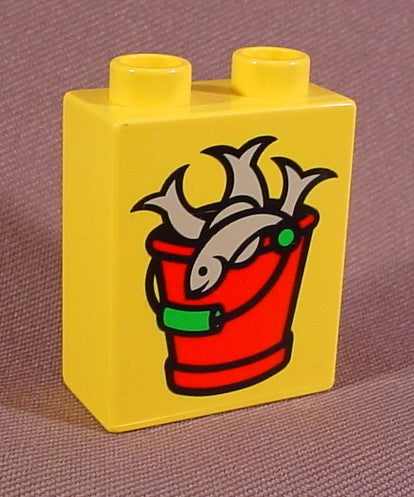 Lego Duplo 4066 Yellow 1X2X2 Brick Printed With Red Bucket