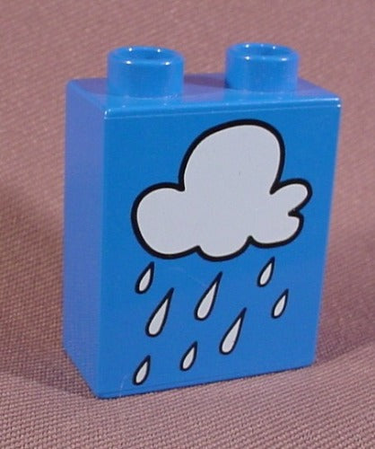 Lego Duplo 4066 Blue 1X2X2 Brick Printed With Cloud With Raindrops
