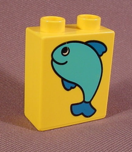 Lego Duplo 4066 Yellow 1X2X2 Brick Printed With Blue Fat Fish