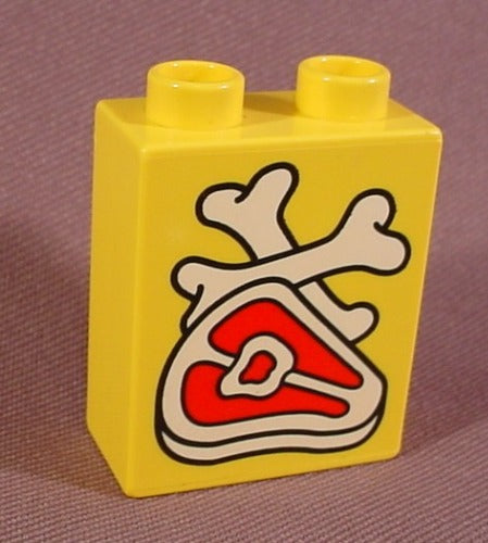 Lego Duplo 4066 Yellow 1X2X2 Brick Printed With Steak & 2 Bones