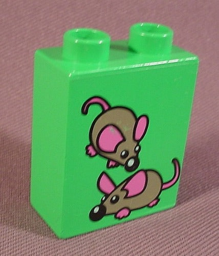 Lego Duplo 4066 Bright Green 1X2X2 Brick Printed With Two Mice