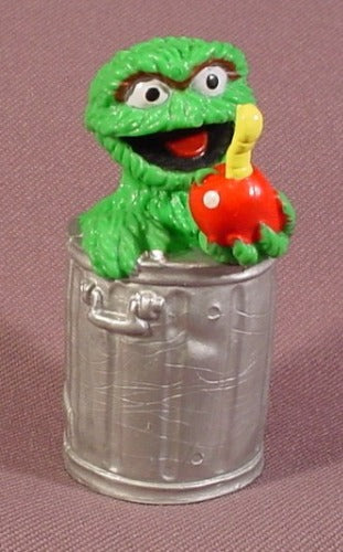 Sesame Street Oscar The Grouch Holding An Apple With A Worm In It PVC  Figure, 2 3/4