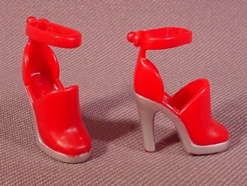 Barbie Doll Pair Of Red Closed Toe High Heel Shoes With Ankle Strap