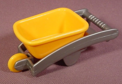 Yellow Wheelbarrow Toy With Silver Handle, 3" Long, Playset Accesso