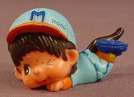 Monchhichi Vintage 1979 PVC Figure, Baseball Player Sliding Head First, Blue Uniform