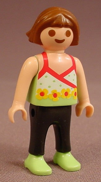 Playmobil Female Girl Child Figure In A Light Or Linden Green Tank Top With Pink Straps & Trim, Yellow Flowers, Black Pants, Light Or Linden Green Shoes, Bare Arms, Birthday Girl, Brown Hair, 5627