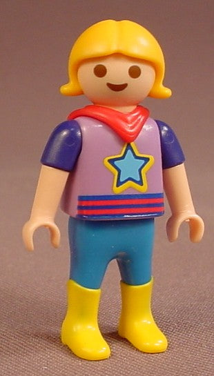 Playmobil Female Girl Child Horse Groomer Figure In A Light Purple Shirt With A Blue Star & Pink Stripes, Has A Pink Hood In The Back, Blue Pants, Tall Yellow Boots, 6970 70325, 30 11 3240