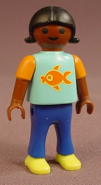 Playmobil African American Female Girl Child Figure In A Light Blue Shirt With An Orange Fish Design & Orange Sleeves, Blue Pants, Neon Yellow Shoes, Black Hair With Flipped Tips, 4851, 30 11 2130