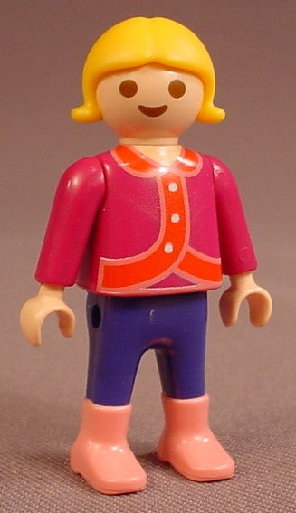 Playmobil Female Girl Child Figure In A Purple Coat With Pink Trim & White Buttons, Dark Blue Pants, Pink Boots, Yellow Or Blonde Hair With Flipped Tips, 4888 5061, 30 11 2190