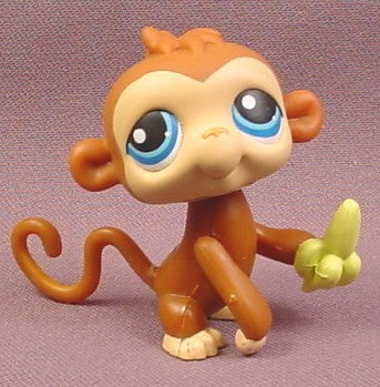 Littlest Pet Shop Push N Play Brown Monkey with Banana & Blue Eyes