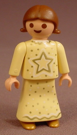 Playmobil Female Girl Child Angel Or Fairy Figure In A Yellow Long Dress With A Gold Star & Collar, Dots Pattern, Gold Shoes, Brown Hair With Flipped Tips, 4161 5494 5588, 30 11 2250