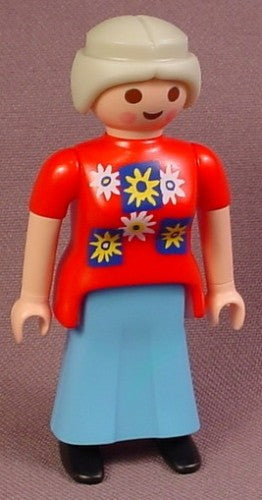 Playmobil Adult Female Figure With Long Blue Dress, Red Shirt With