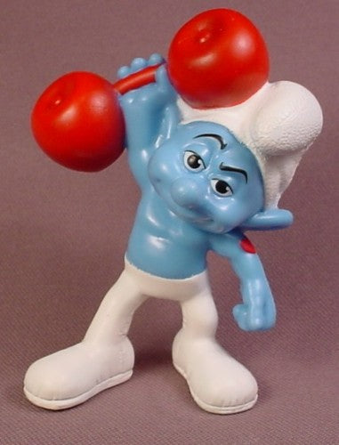 McDonalds 2011 Hefty Smurf PVC Figure With Barbell Weights, 3 Inche