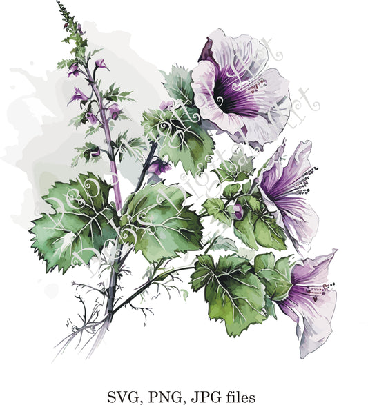 Watercolor botanical Lavatera purple flower plant digital clipart, vector, png. jpg, jpeg, svg wall art, graphic