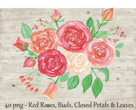 Watercolor, loose Roses botanical bundle, Digital download, Hand painted Artwork, Clipart 40 PNG files, Wedding, Invitations, Watercolour