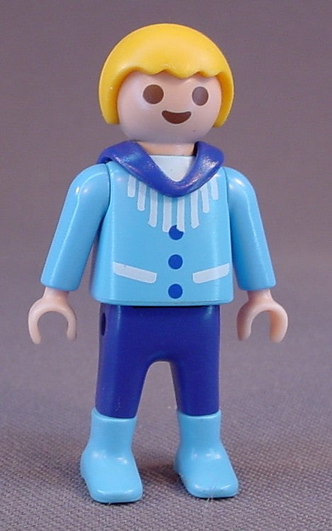 Playmobil Male Boy Child Figure In A Light Blue Sweater And Dark Blue Collar & Pants