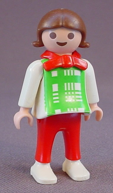 Playmobil Female Girl Child Figure In A Plaid Green Shirt With White Sleeves, Red Pants & Collar