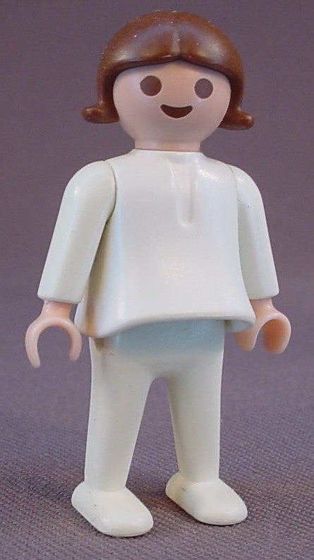 Playmobil Female Girl Child Classic Style Figure With An All White Outfit, Smooth Brown Hair, 3211