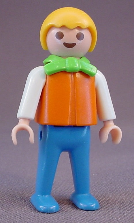 Playmobil Male Boy Child Figure In An Orange Shirt & Blue Pants, Green Collar With A Bow Tie, 5322