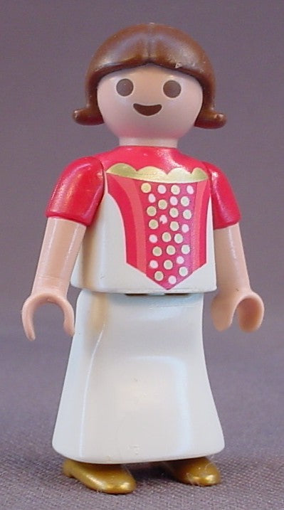 Playmobil Female Girl Child Princess Figure In A White & Dark Pink Dress With Gold Trim, Brown Hair