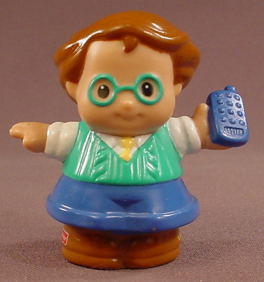 Fisher Price Little People 2001 Father Or Dad With A Cell Phone, Teal Glasses, Green Sweater Vest, LP