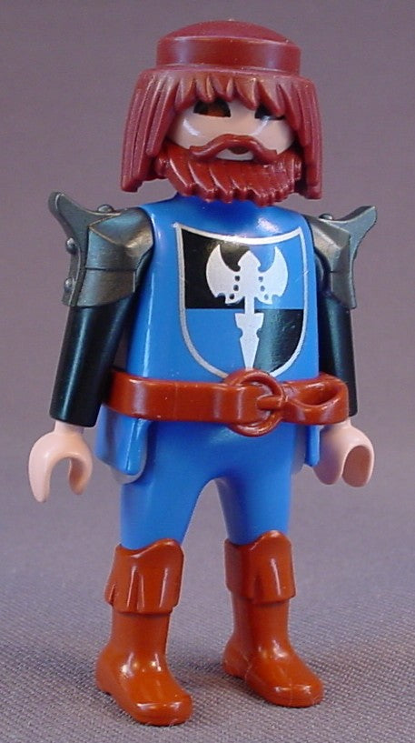 Playmobil Adult Male Knight Figure In Blue Clothes With A Shield & Ax Pattern On The Chest