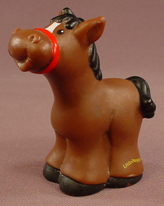 Fisher Price Little People 2001 Dark Brown Horse With A White Blaze And A Red Harness, Black Tail Mane & Feet