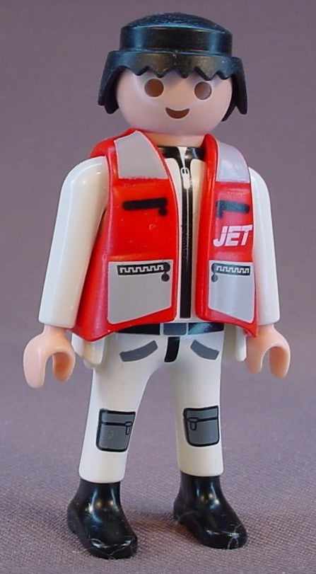 Playmobil Adult Male Jet Airplane Pilot Figure In A Red Vest With Gray Pockets Over A White Suit