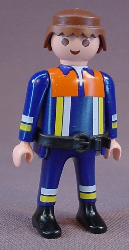 Playmobil Adult Male Fire Fighter Figure In A Blue Uniform With Orange White & Yellow Trim