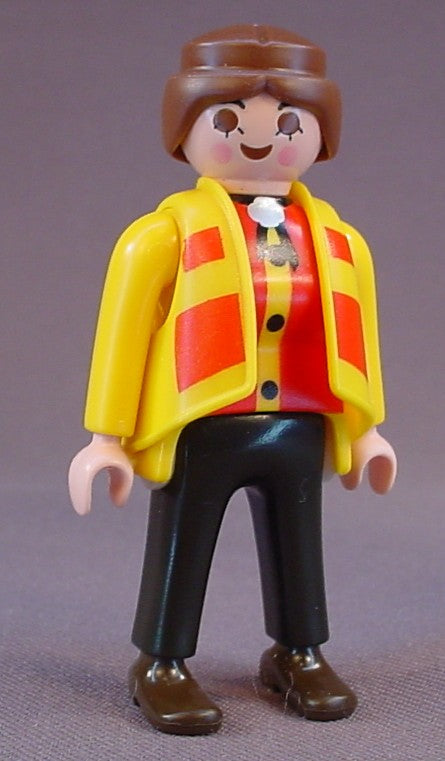 Playmobil Adult Female Figure In A Yellow Coat With Red Stripes Over A Red & Yellow Shirt