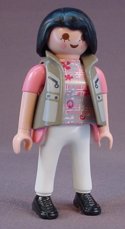 Playmobil Adult Female Figure In A Brown Gray Vest Over A Pink Floral Shirt, White Pants, 5127