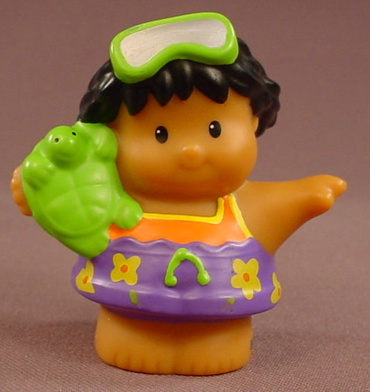 Fisher Price Little People 2010 Hispanic Girl Wearing A Purple Swim Suit And Green Goggles, LP