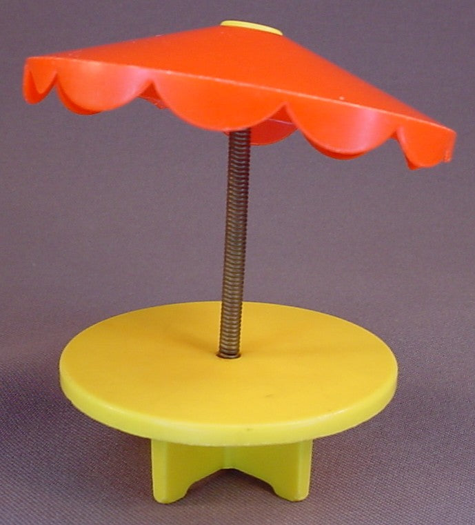 Fisher Price Vintage Yellow Round Table With A Red Umbrella On A Spring, 994