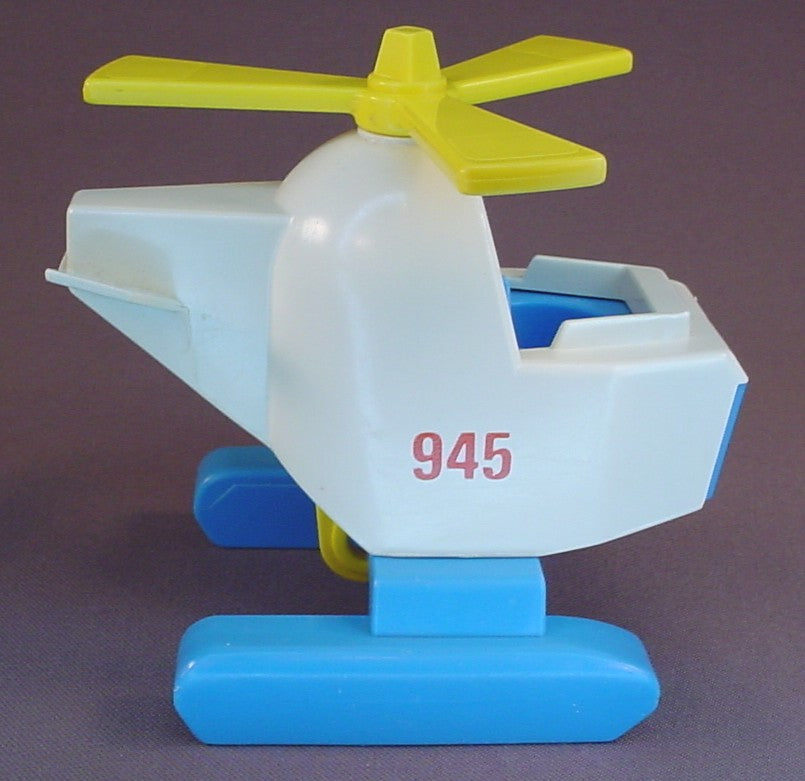 Fisher Price Vintage White & Blue Helicopter with Yellow Propeller & Hook, 945 Offshore Cargo