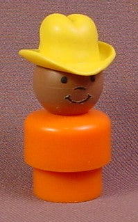 Fisher Price Vintage African American Farmer Boy With Yellow Cowboy Hat, Orange Body