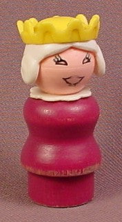 Fisher Price Vintage Queen With Purple Wood Body & Yellow Crown, White Hair With Curls