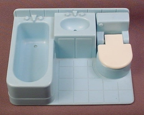 Fisher Price Vintage Light Blue Modular Bathroom With Tub Sink & Toilet With Lid That Opens