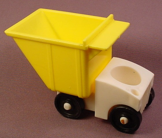 Fisher Price Vintage White & Yellow Dump Truck With Spring Loaded Square Bucket