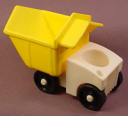 Fisher Price Vintage White & Yellow Dump Truck With Spring Loaded Pointed Bucket