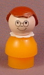 Fisher Price Vintage Girl With Brown Hair & Glasses, Orange Body, White Collar, 2550