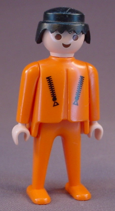 Playmobil Adult Male Classic Style Figure In An Orange Suit With Black Zippers, Black Hair, 3788