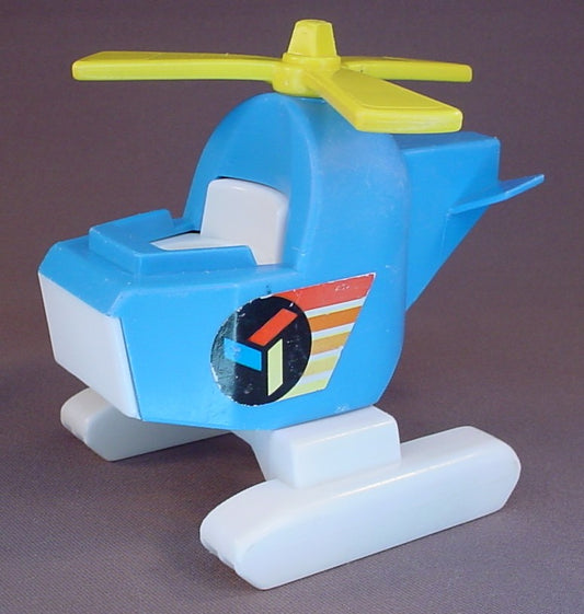 Fisher Price Vintage Blue & White Helicopter With Yellow Propeller & Hook, White Pontoons
