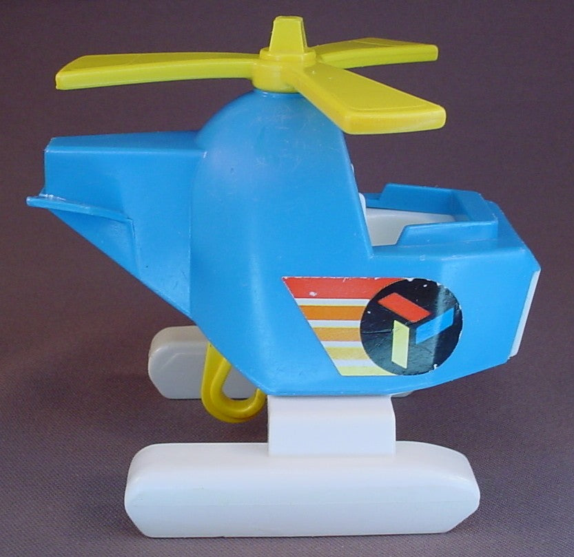 Fisher Price Vintage Blue & White Helicopter With Yellow Propeller & Hook, White Pontoons