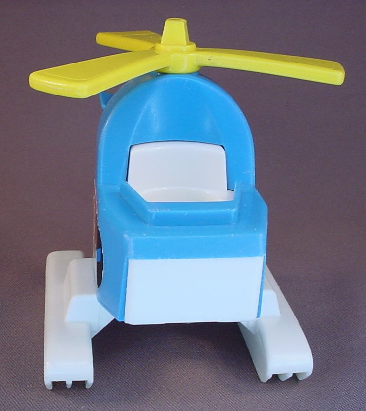 Fisher Price Vintage Blue & White Helicopter With Yellow Propeller & Hook, White Pontoons