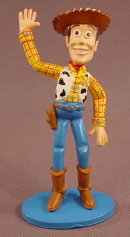 Disney Toy Story Woody Waving His Hand PVC Figure On A Blue Base, 3 1/2 Inches Tall, Pixar, Figurine