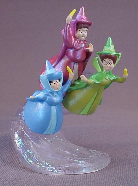 Disney Sleeping Beauty 3 Fairies On A Glittery Clear Swirling Wind Base, Flora Fauna & Merryweather, Disney Store