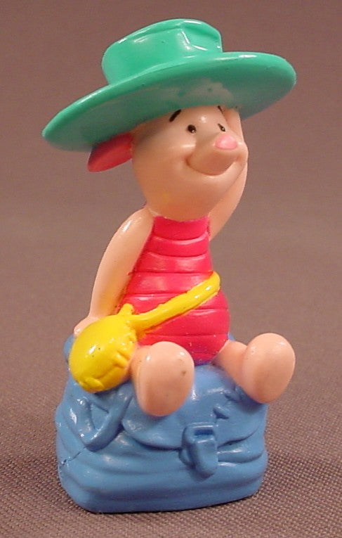 Disney Winnie The Pooh Piglet Wearing A Green Hat & Sitting On A Bag PVC Figure, Has A Yellow Canteen, 2000 Disney