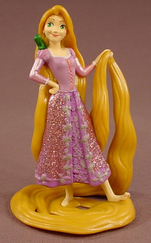 Disney Tangled Movie Rapunzel In A Sparkly Or Glittery Dress & Pascal On Her Shoulder PVC Figure, The Base Is A Coil Of Her Hair